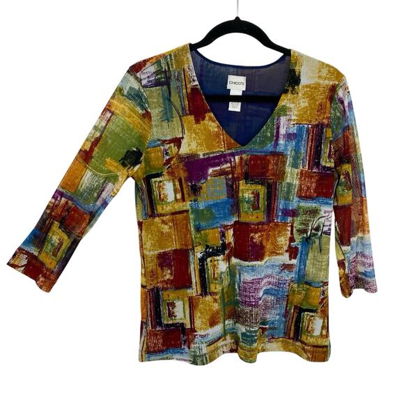 Chicos 2 Nylon Mesh Colorful Top size Large Sheer Long Sleeves Stretch Pullover - Picture 1 of 7